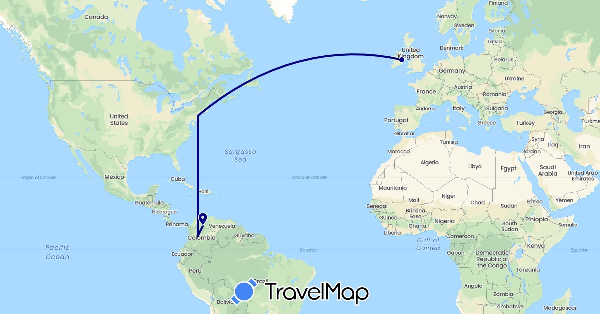 TravelMap itinerary: driving in Colombia, Ireland, United States (Europe, North America, South America)